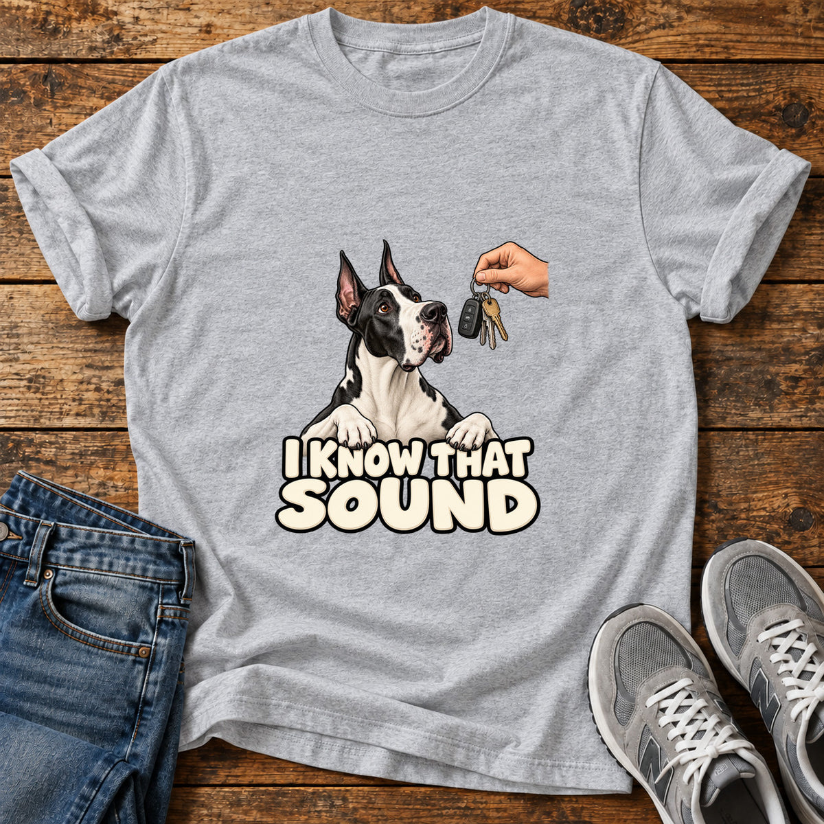 I Know Sound Great Dane graphic T-shirt in Sport Grey, shown on a flat-lay shirt mockup