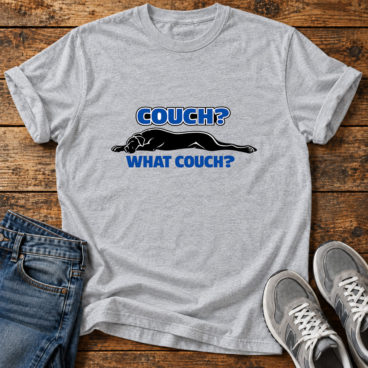 Couch What Couch Great Dane graphic T-shirt in Sport Grey, shown on a flat-lay shirt mockup