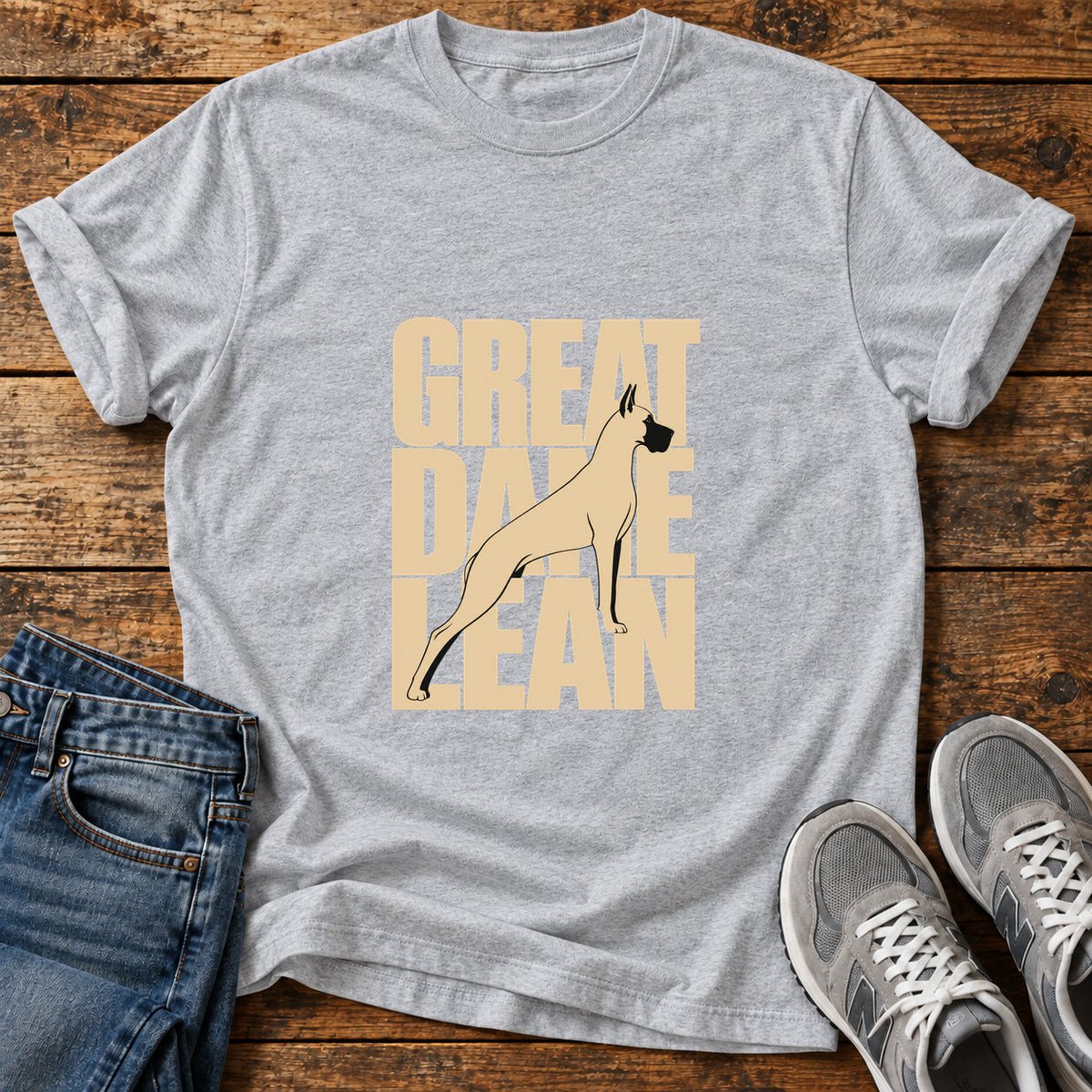 Great Dane Lean graphic T-shirt in Sport Grey, shown on a flat-lay shirt mockup