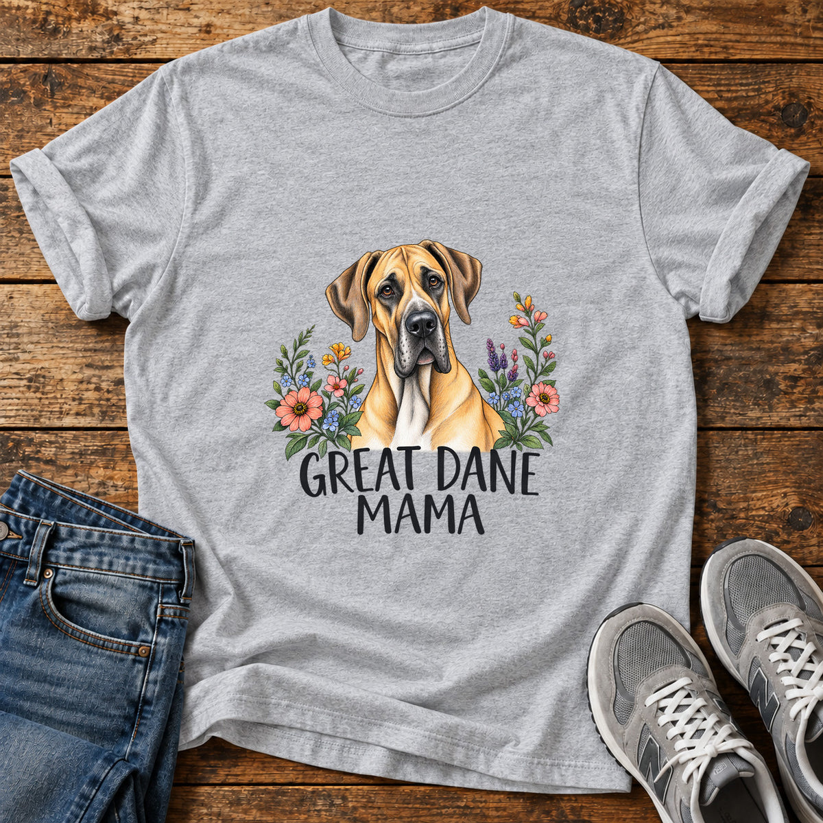 Great Dane Mama graphic T-shirt in Sport Grey, shown on a flat-lay shirt mockup