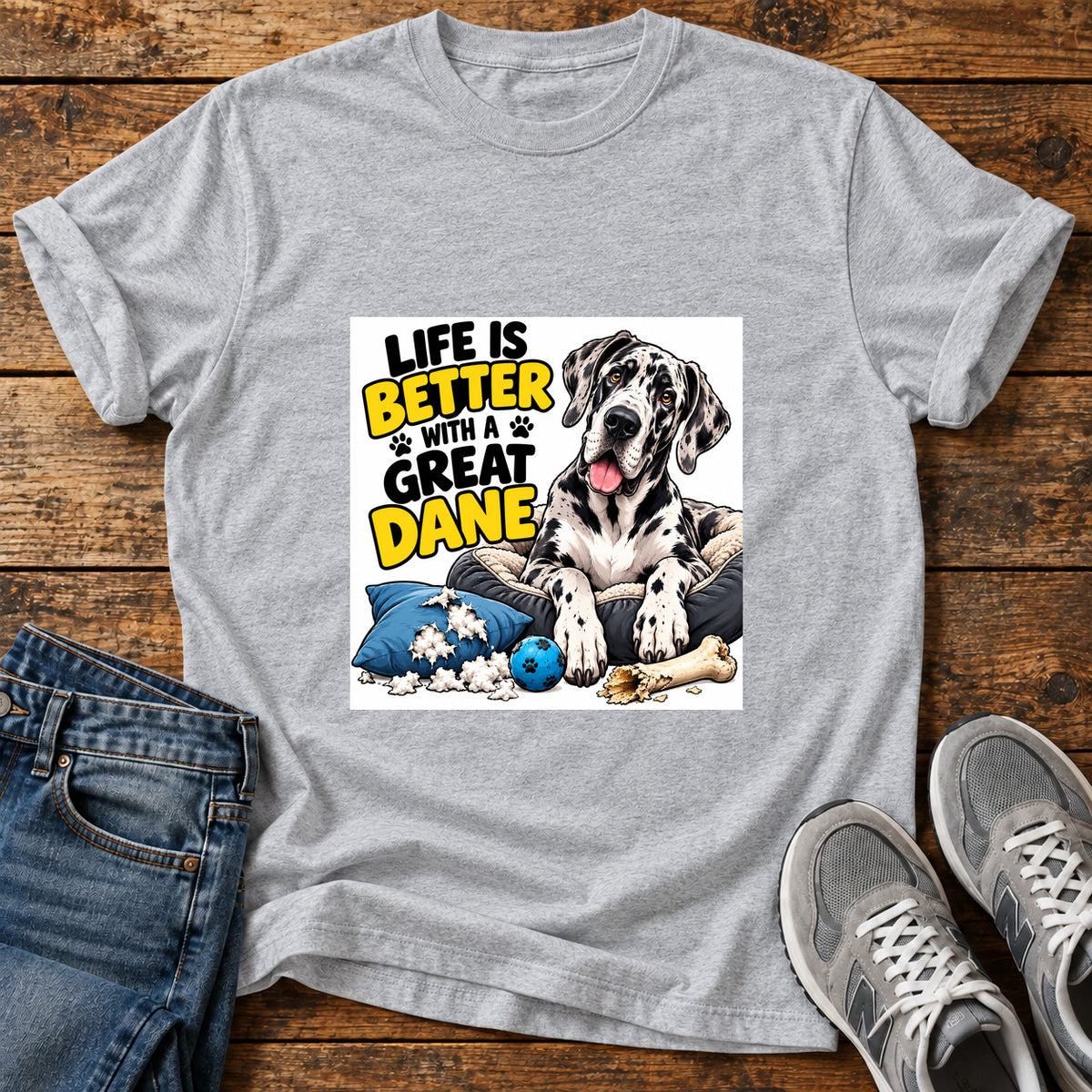 Great Dane Life graphic T-shirt in Sport Grey, shown on a flat-lay shirt mockup