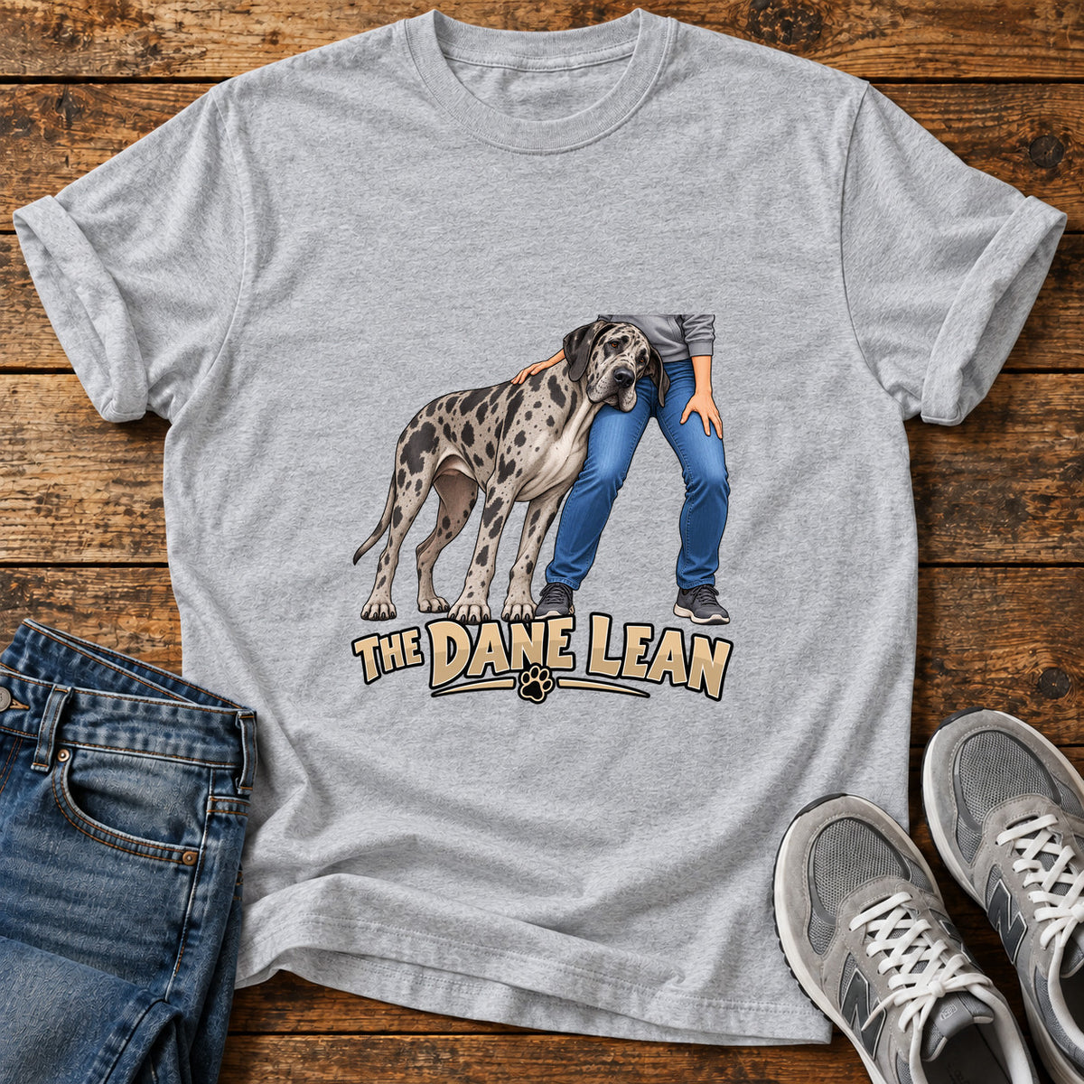 The Dane Lean Great Dane graphic T-shirt in Sport Grey, shown on a flat-lay shirt mockup