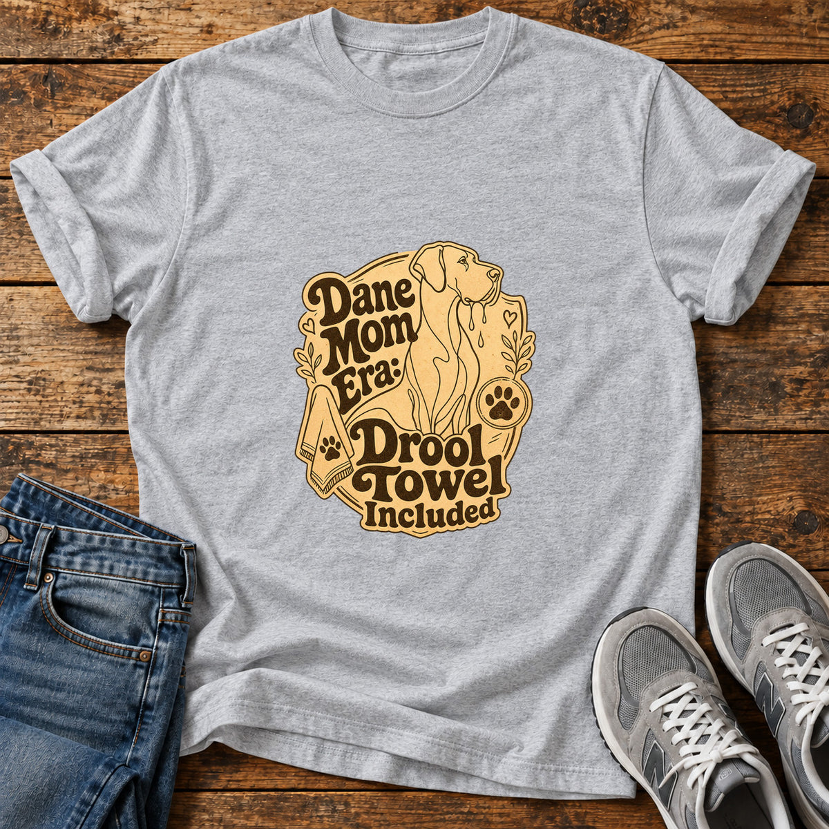 Dane Mom Era Great Dane graphic T-shirt in Sport Grey, shown on a flat-lay shirt mockup