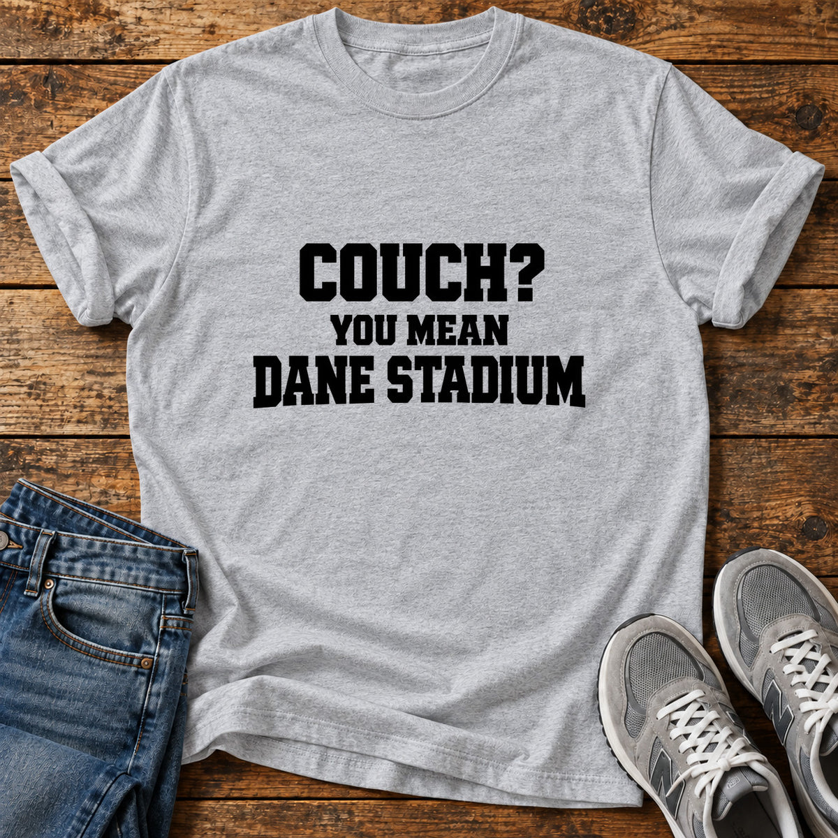 Couch Stadium Great Dane graphic T-shirt in Sport Grey, shown on a flat-lay shirt mockup