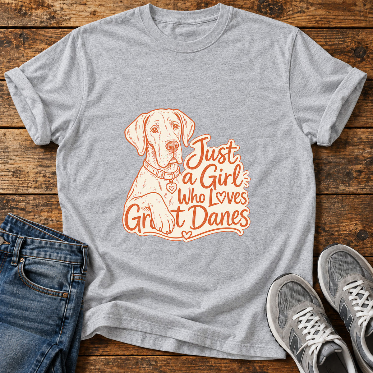 Great Dane Love graphic T-shirt in Sport Grey, shown on a flat-lay shirt mockup