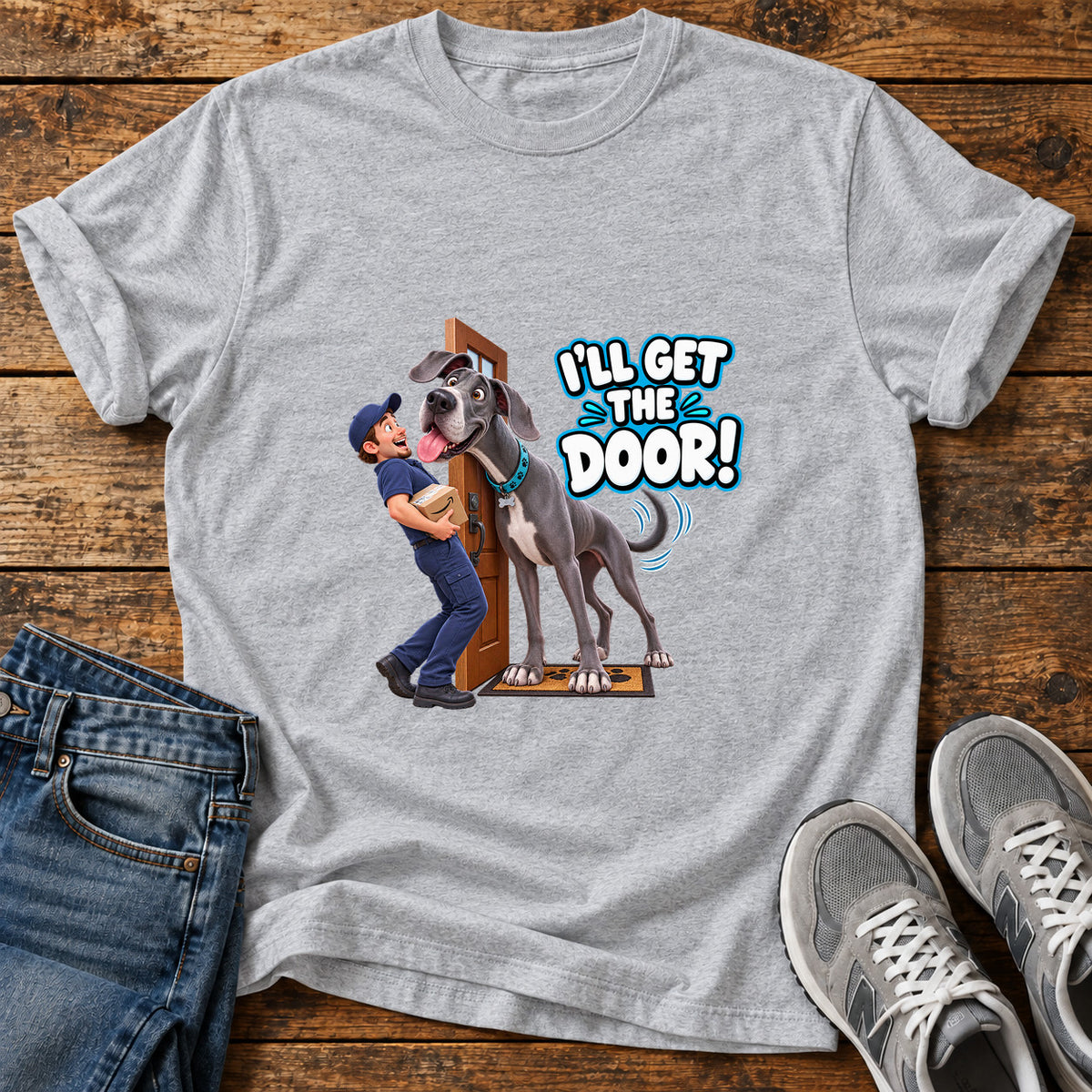 I'll Get Door Great Dane graphic T-shirt in Sport Grey, shown on a flat-lay shirt mockup