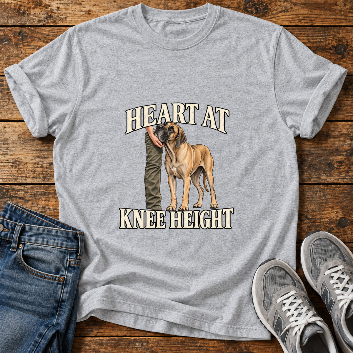 Heart at Knee Great Dane graphic T-shirt in Sport Grey, shown on a flat-lay shirt mockup