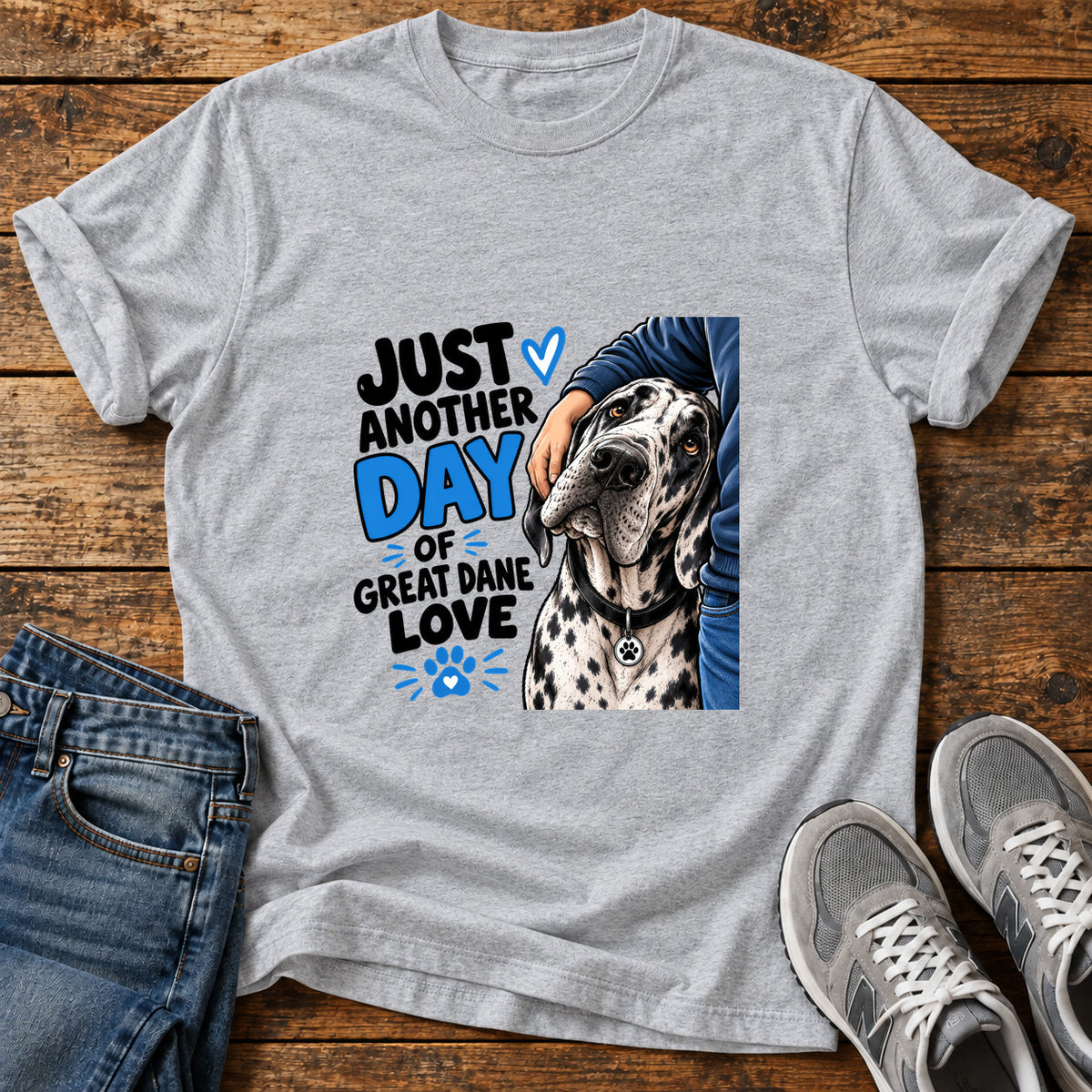 Great Dane Love graphic T-shirt in Sport Grey, shown on a flat-lay shirt mockup
