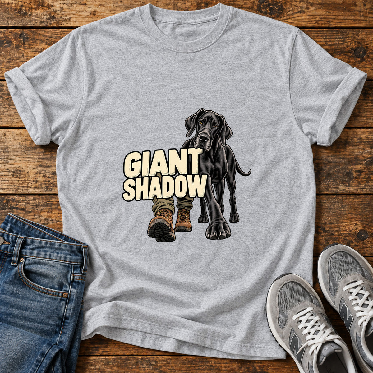 Giant Shadow Great Dane graphic T-shirt in Sport Grey, shown on a flat-lay shirt mockup