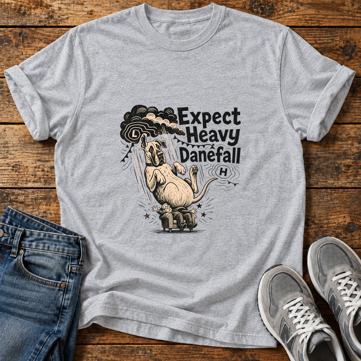 Expect Danefall Great Dane graphic T-shirt in Sport Grey, shown on a flat-lay shirt mockup