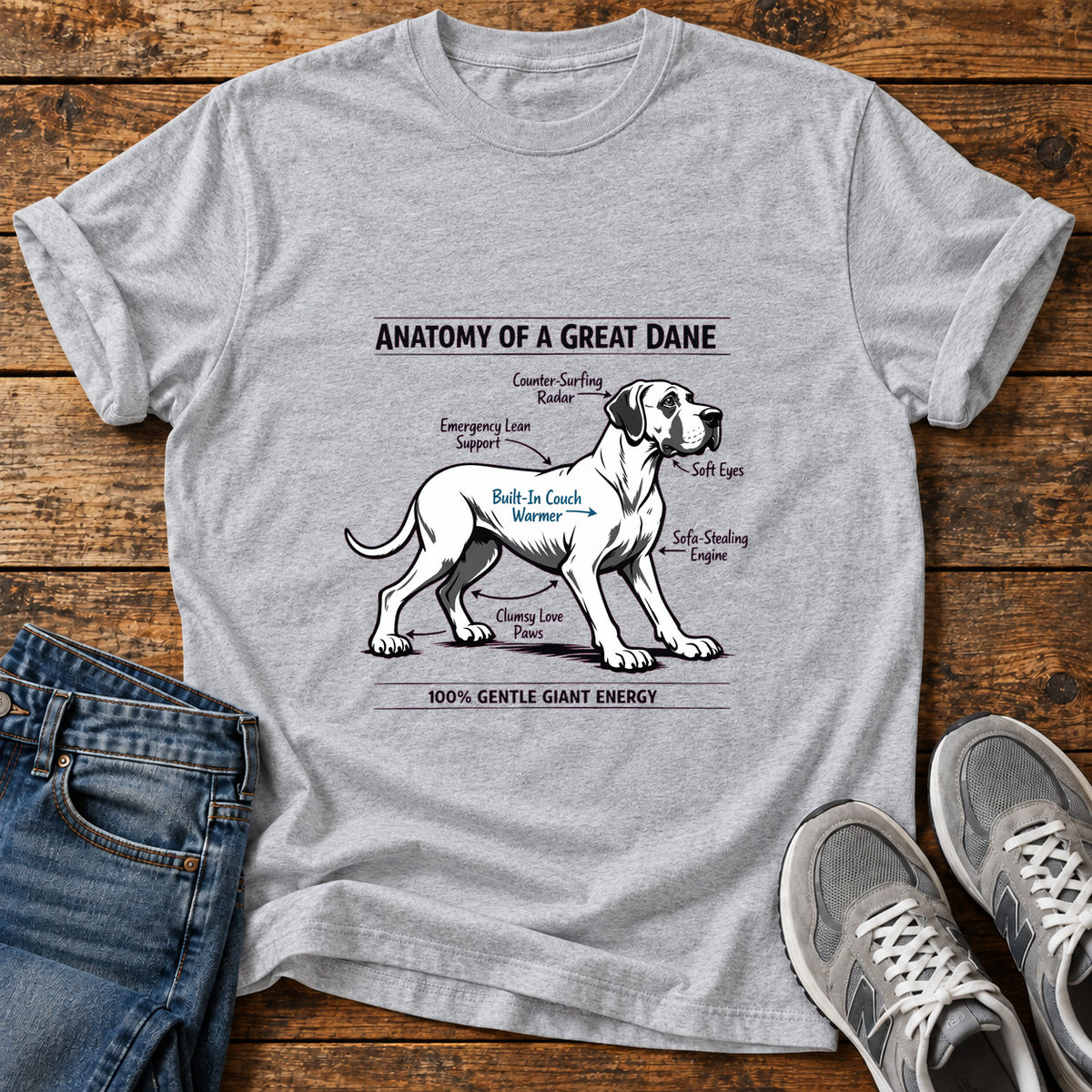 Gentle Giant Energy Great Dane graphic T-shirt in Sport Grey, shown on a flat-lay shirt mockup