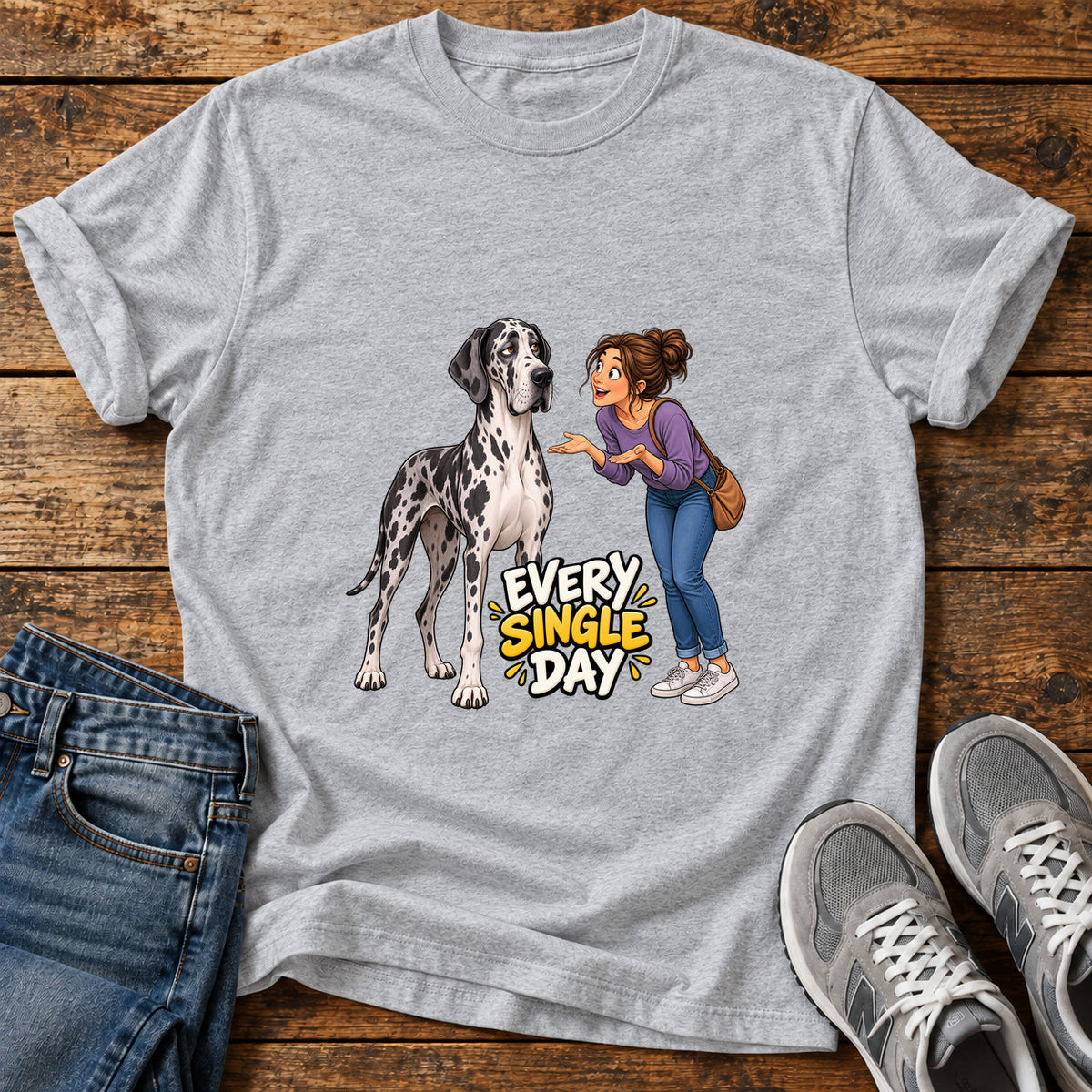 Every Single Day Great Dane graphic T-shirt in Sport Grey, shown on a flat-lay shirt mockup
