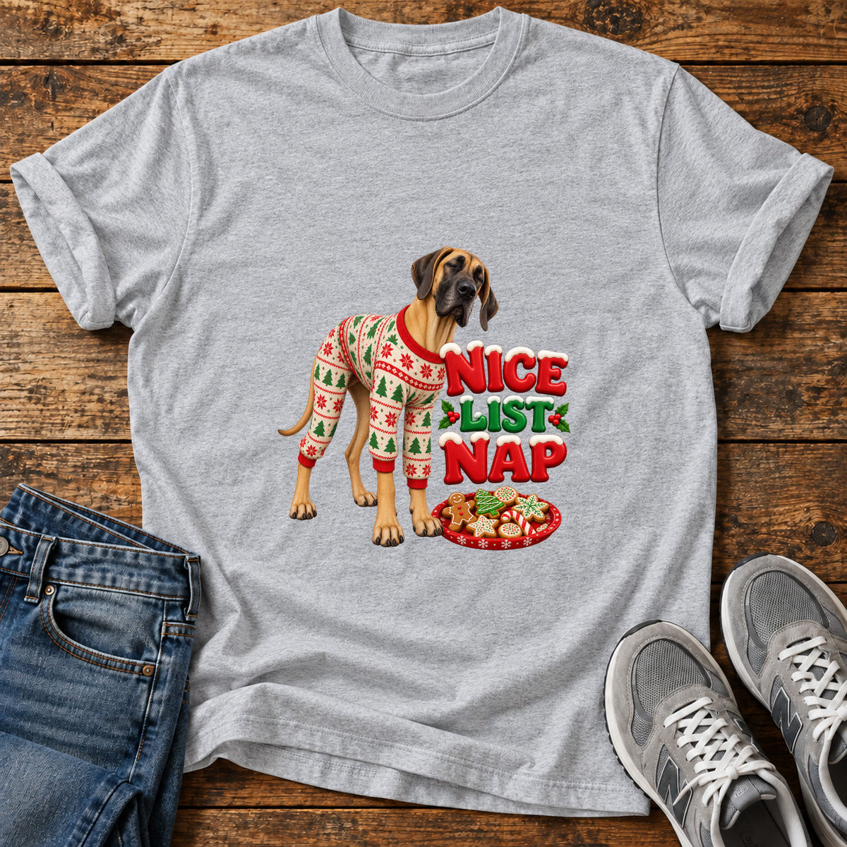 Nice List Nap Great Dane graphic T-shirt in Sport Grey, shown on a flat-lay shirt mockup