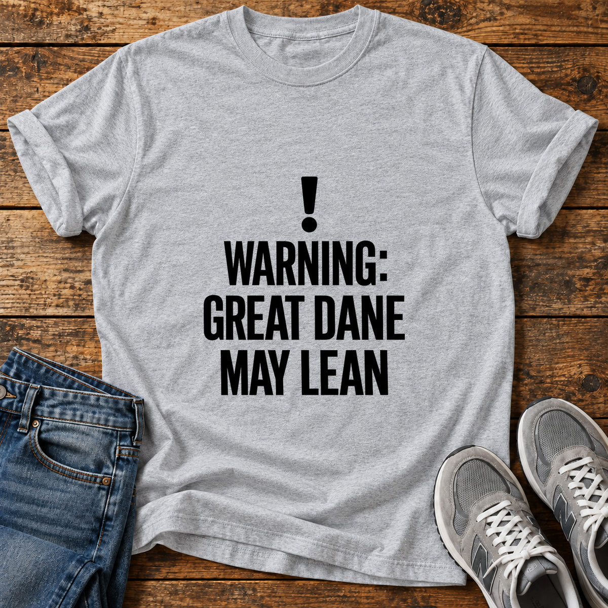 Great Dane Warning graphic T-shirt in Sport Grey, shown on a flat-lay shirt mockup