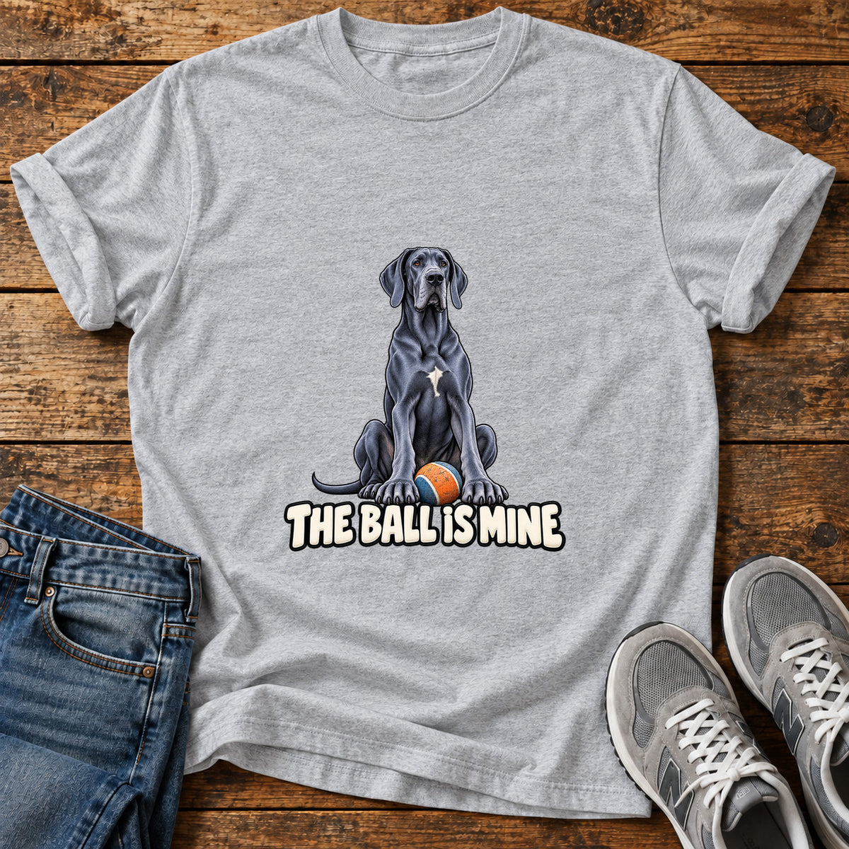 The Ball Is Great Dane graphic T-shirt in Sport Grey, shown on a flat-lay shirt mockup