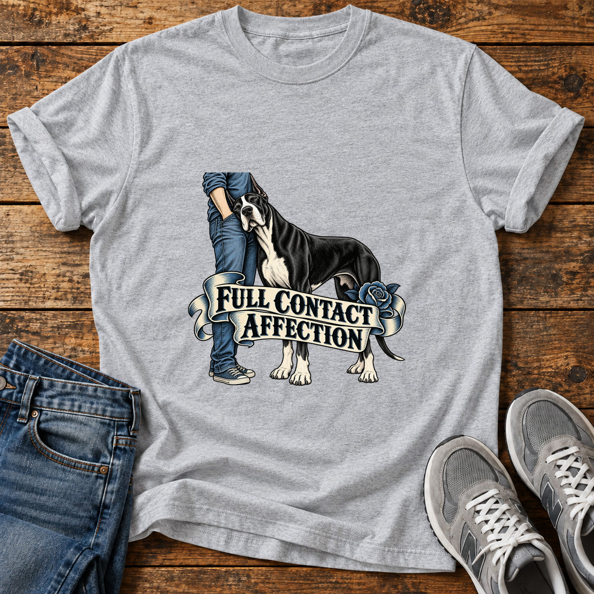 Full Contact Affection Great Dane graphic T-shirt in Sport Grey, shown on a flat-lay shirt mockup