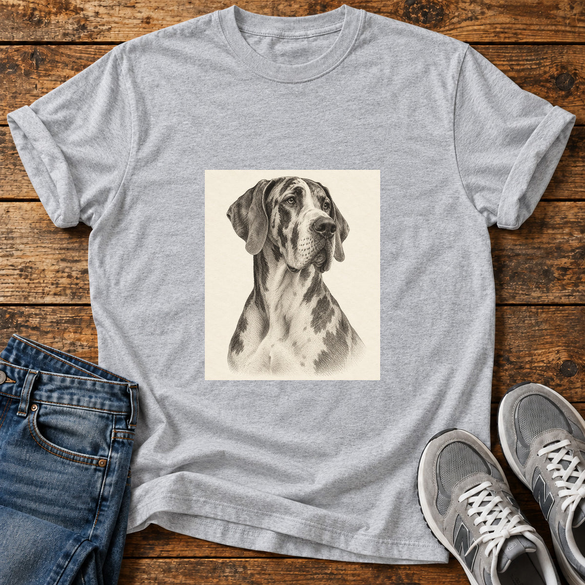 Great Dane Majesty graphic T-shirt in Sport Grey, shown on a flat-lay shirt mockup