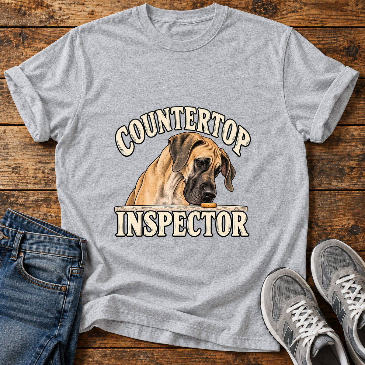 Countertop Inspector Great Dane graphic T-shirt in Sport Grey, shown on a flat-lay shirt mockup
