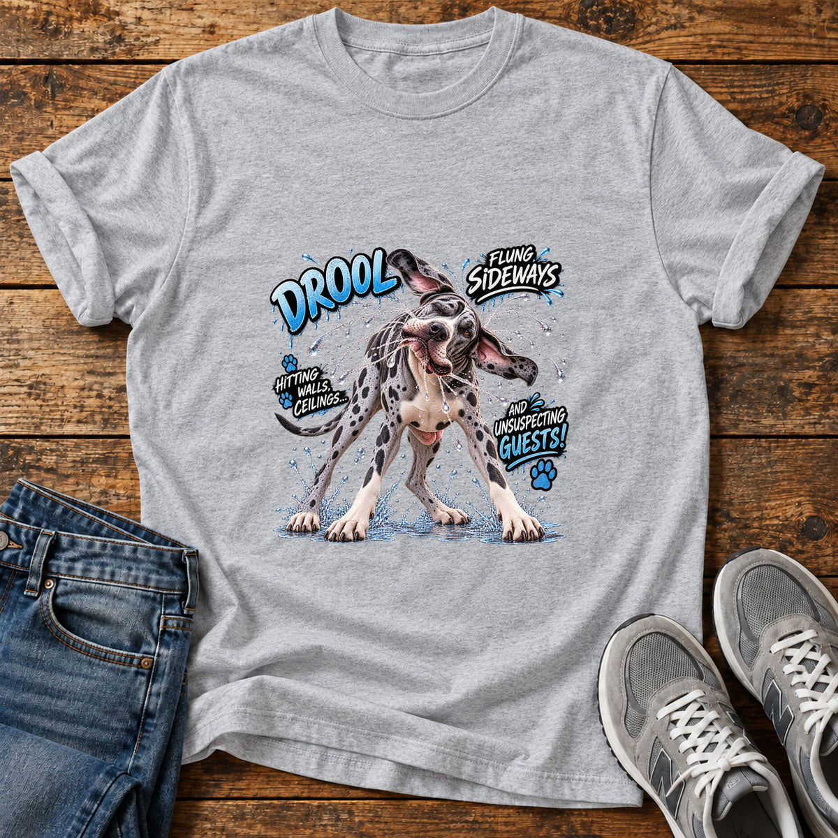 Drool Sideways Great Dane graphic T-shirt in Sport Grey, shown on a flat-lay shirt mockup
