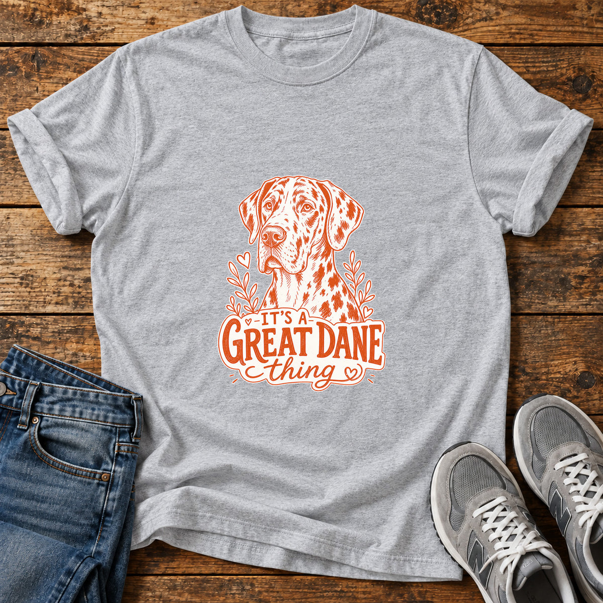 Great Dane Thing graphic T-shirt in Sport Grey, shown on a flat-lay shirt mockup