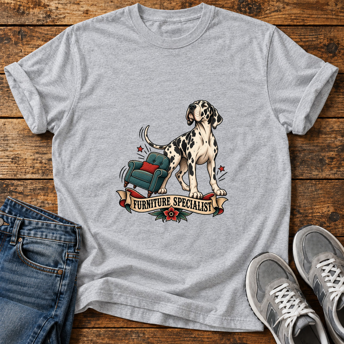 Furniture Specialist Great Dane graphic T-shirt in Sport Grey, shown on a flat-lay shirt mockup