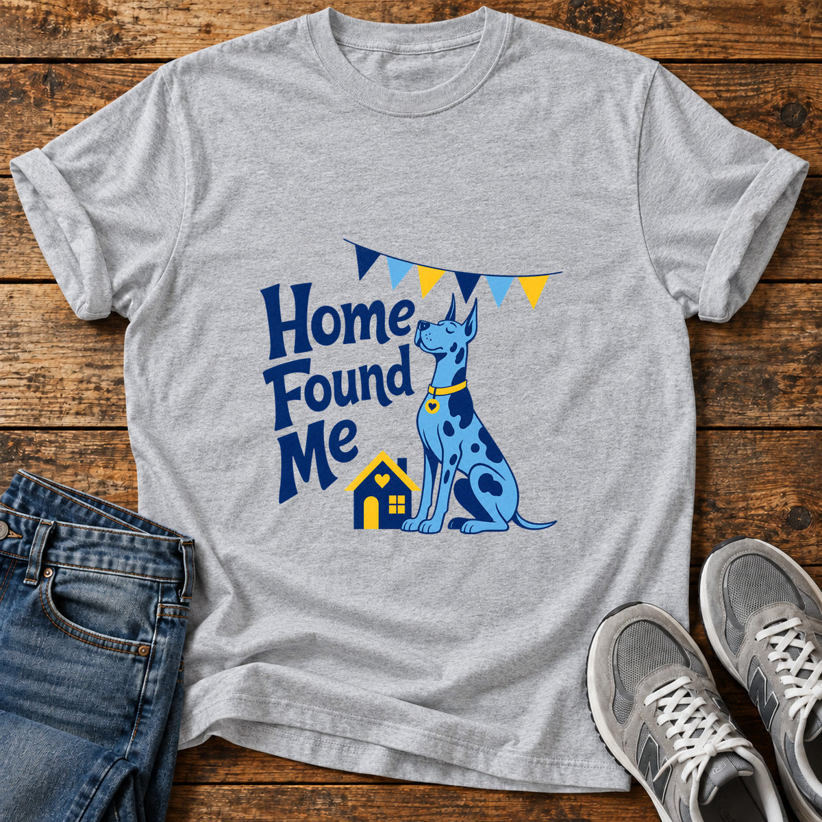 Home Found Me Great Dane graphic T-shirt in Sport Grey, shown on a flat-lay shirt mockup