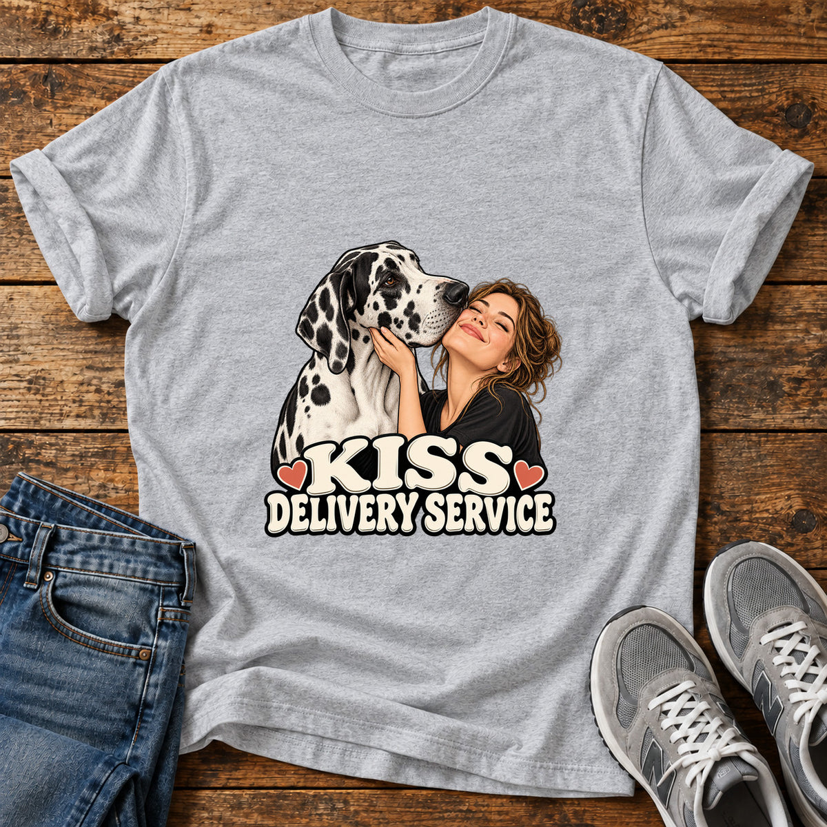 Kiss Delivery Great Dane graphic T-shirt in Sport Grey, shown on a flat-lay shirt mockup