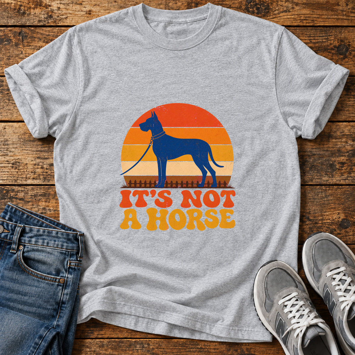 It's Not Horse Great Dane graphic T-shirt in Sport Grey, shown on a flat-lay shirt mockup