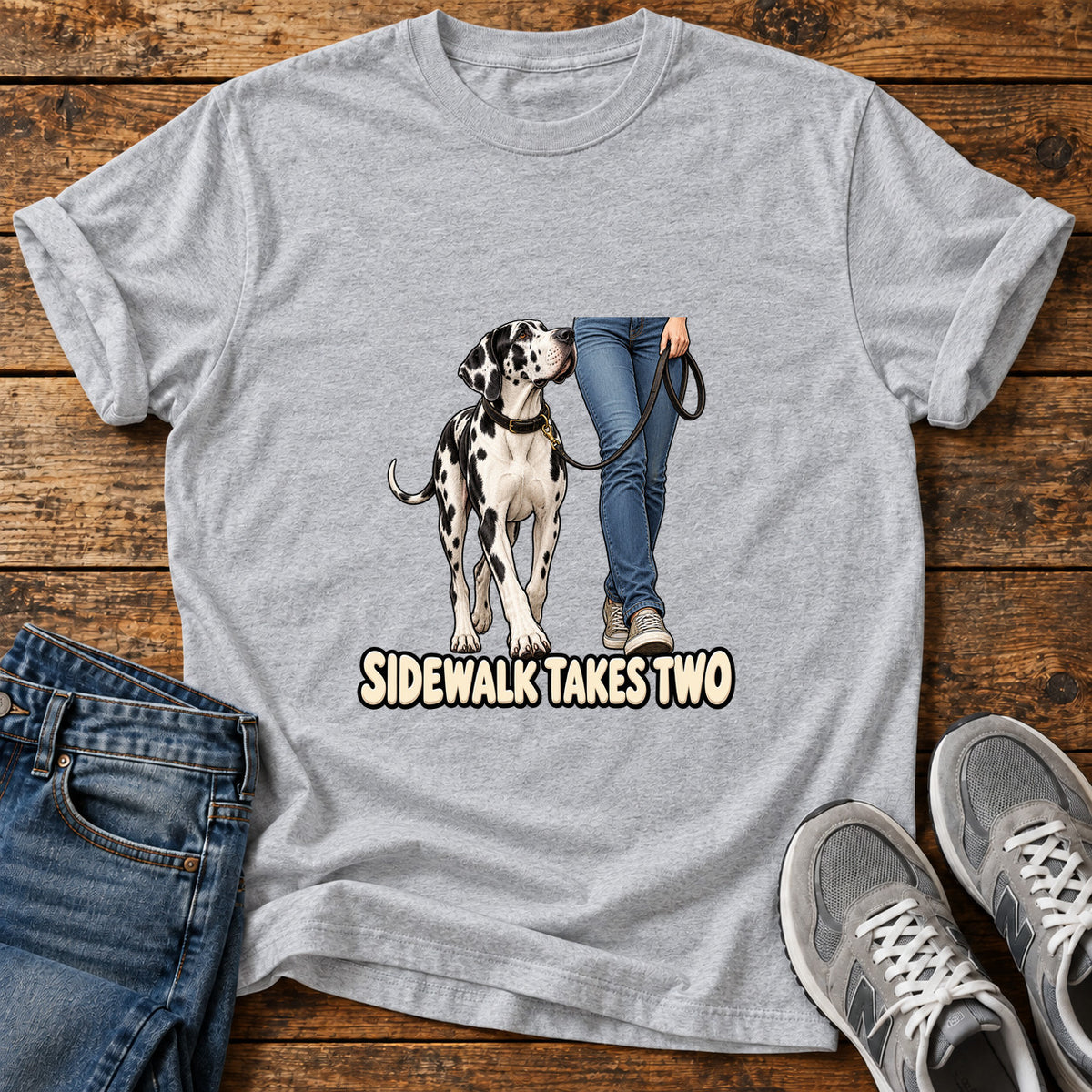 Sidewalk Takes Two Great Dane graphic T-shirt in Sport Grey, shown on a flat-lay shirt mockup