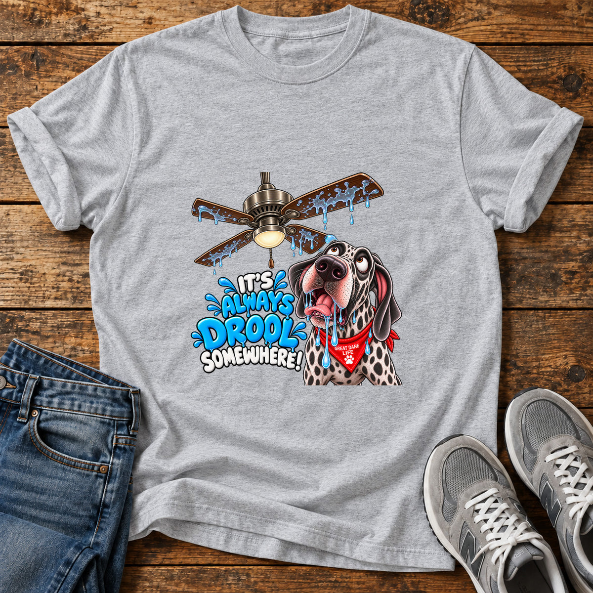 Always Drool Great Dane graphic T-shirt in Sport Grey, shown on a flat-lay shirt mockup