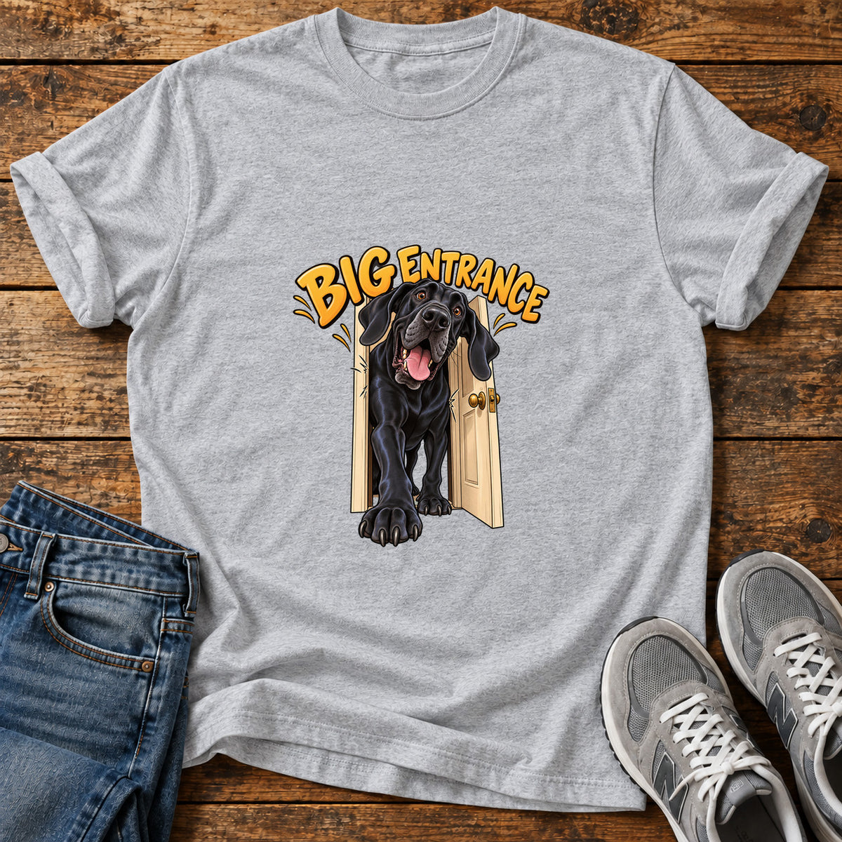 Big Entrance Great Dane graphic T-shirt in Sport Grey, shown on a flat-lay shirt mockup