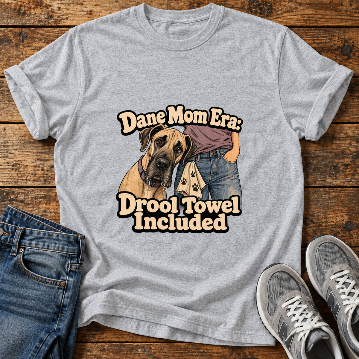 Drool Towel Included Great Dane graphic T-shirt in Sport Grey, shown on a flat-lay shirt mockup