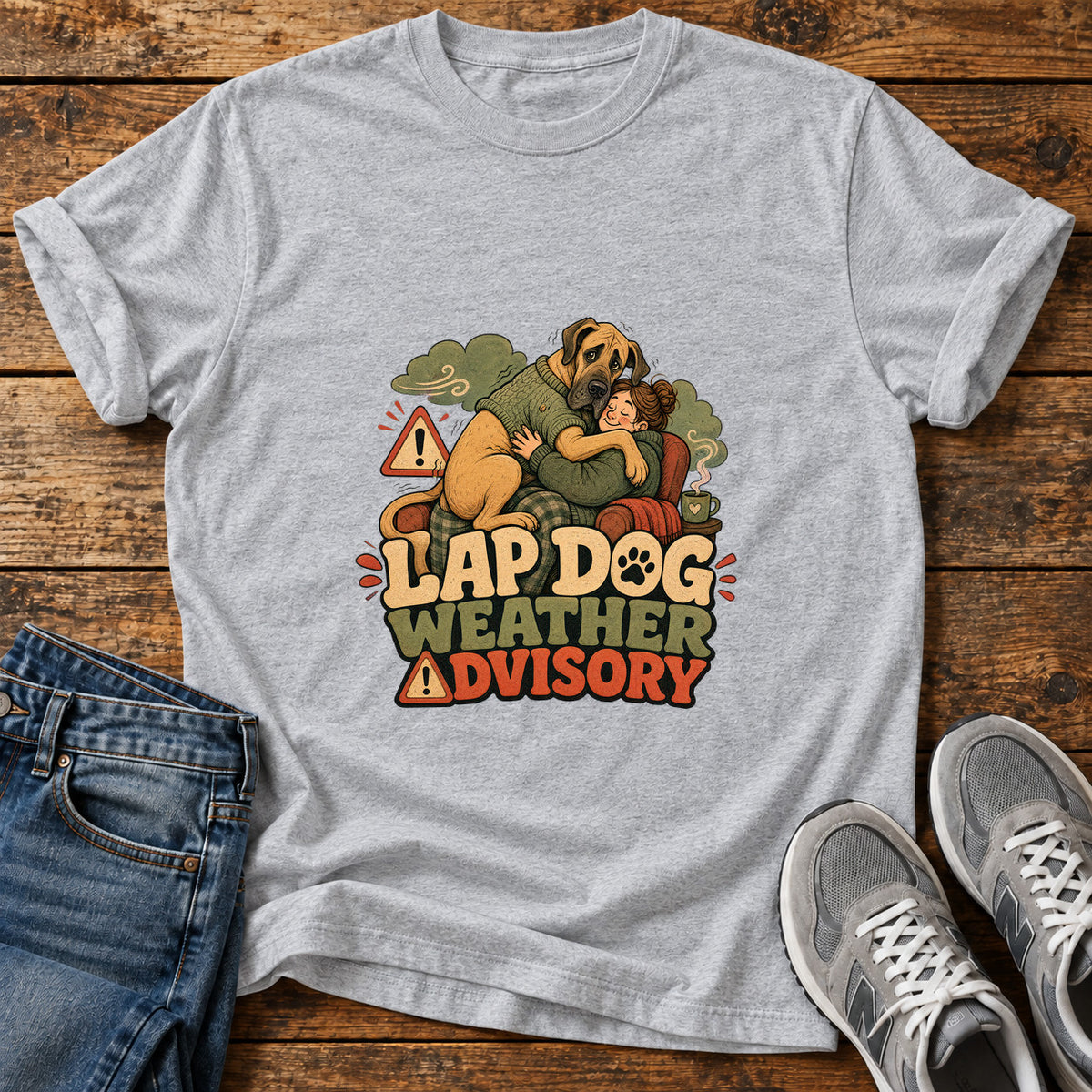 Lap Dog Advisory Great Dane graphic T-shirt in Sport Grey, shown on a flat-lay shirt mockup
