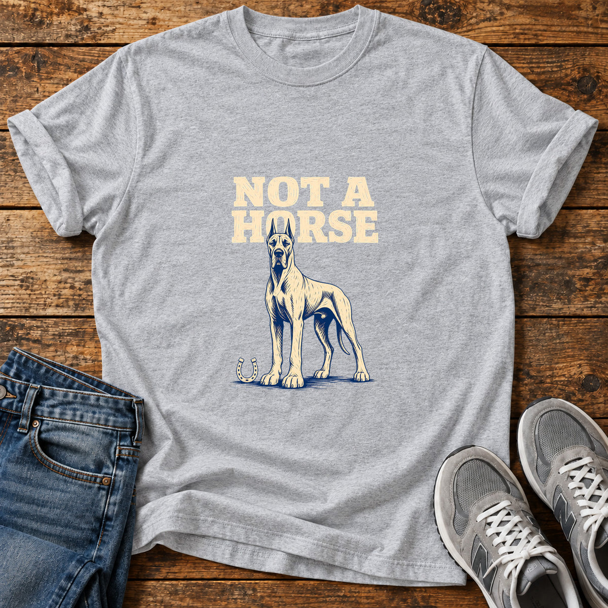 Not A Horse Great Dane graphic T-shirt in Sport Grey, shown on a flat-lay shirt mockup