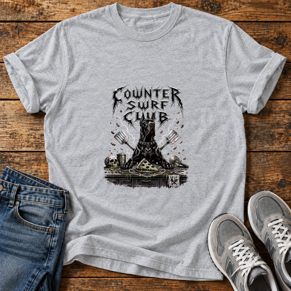 Counter Surf Club Great Dane graphic T-shirt in Sport Grey, shown on a flat-lay shirt mockup