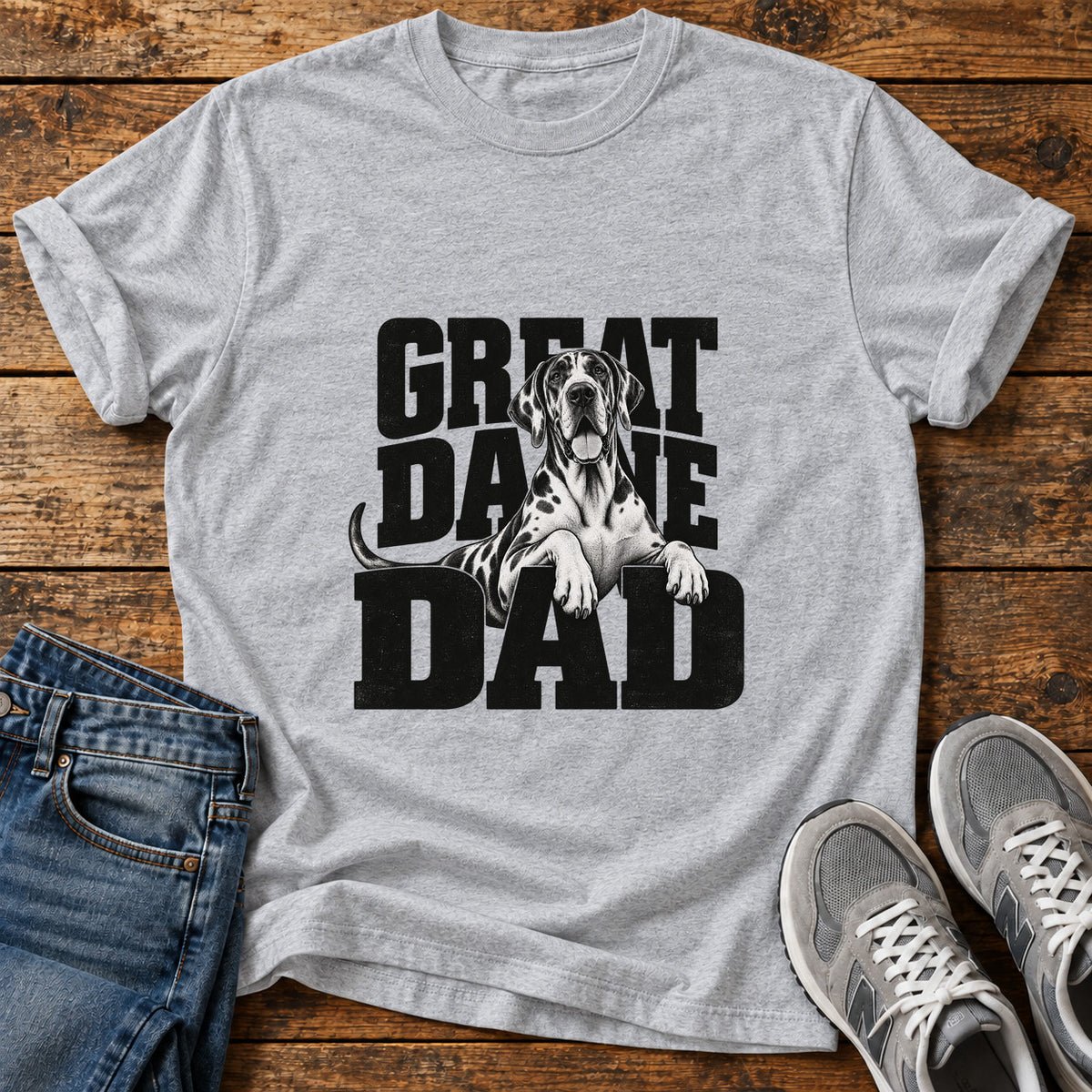Great Dane Dad graphic T-shirt in Sport Grey, shown on a flat-lay shirt mockup