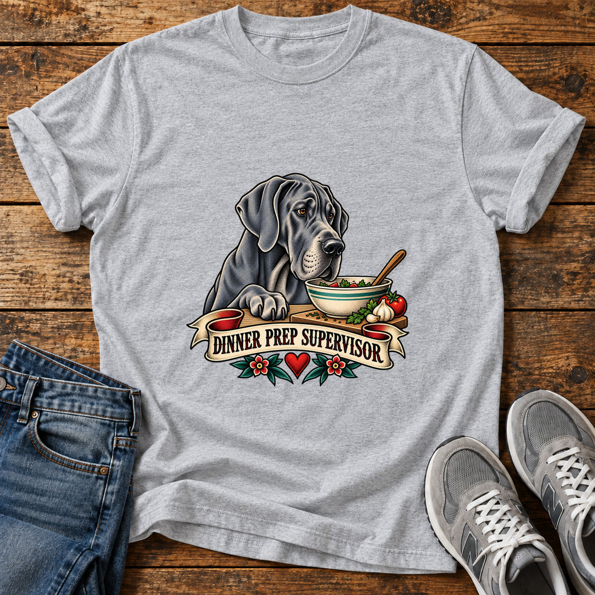Dinner Prep Supervisor Great Dane graphic T-shirt in Sport Grey, shown on a flat-lay shirt mockup