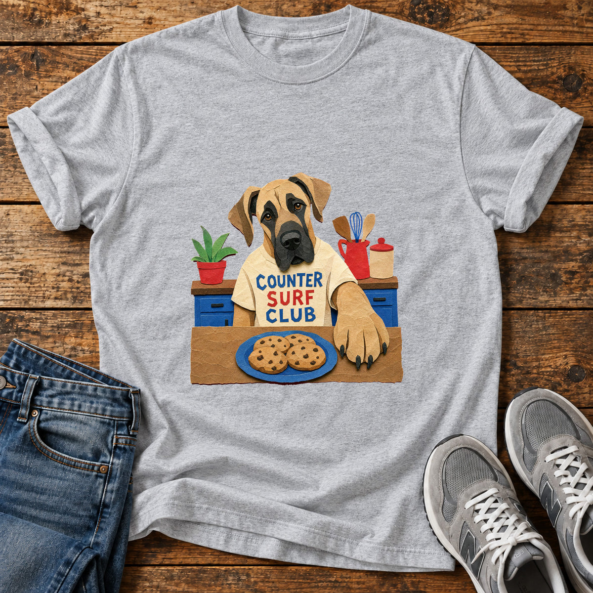 Counter Surf Club Great Dane graphic T-shirt in Sport Grey, shown on a flat-lay shirt mockup