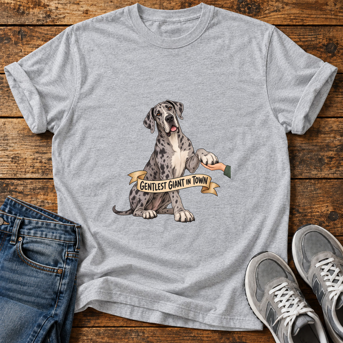 Gentlest Giant Great Dane graphic T-shirt in Sport Grey, shown on a flat-lay shirt mockup