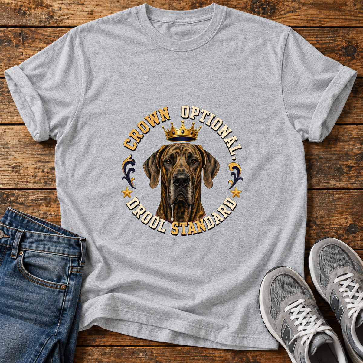 Crown Drool Standard Great Dane graphic T-shirt in Sport Grey, shown on a flat-lay shirt mockup