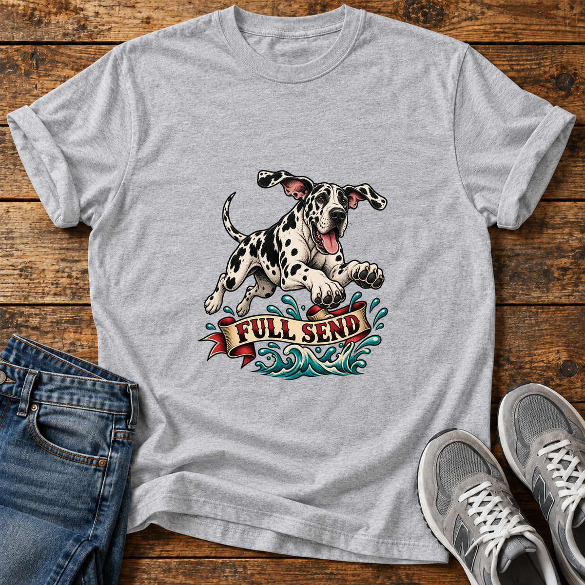 Full Send Pup Great Dane graphic T-shirt in Sport Grey, shown on a flat-lay shirt mockup