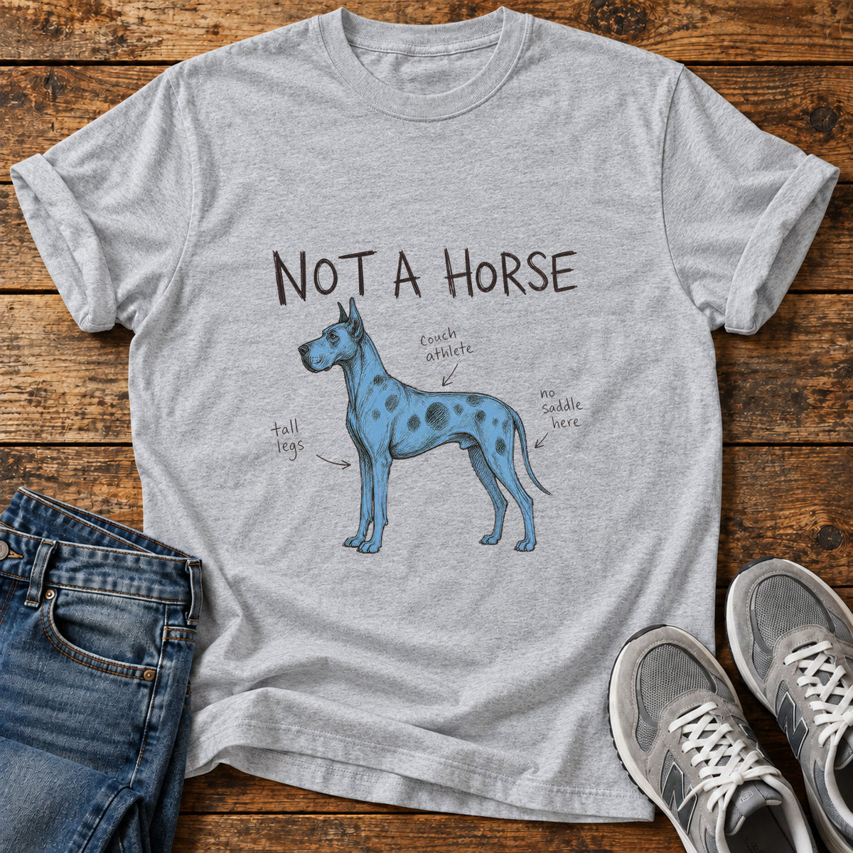 Not a Horse Great Dane graphic T-shirt in Sport Grey, shown on a flat-lay shirt mockup