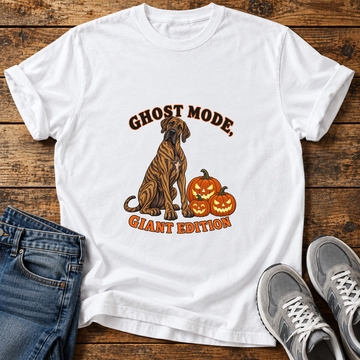 Ghost Mode Giant Great Dane graphic T-shirt in White, shown on a flat-lay shirt mockup