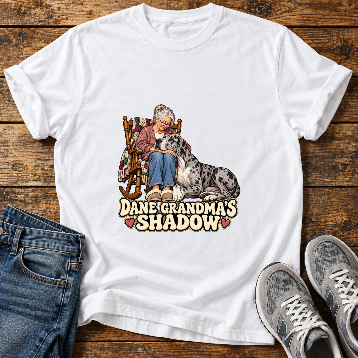 Dane Grandma's Shadow Great Dane graphic T-shirt in White, shown on a flat-lay shirt mockup