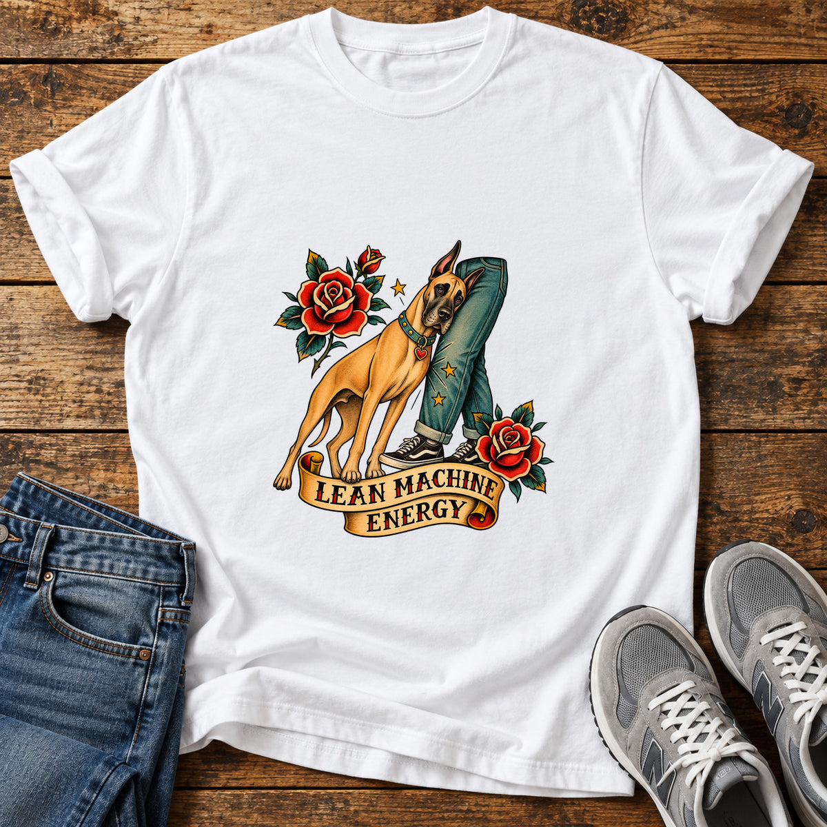 Lean Machine Energy Great Dane graphic T-shirt in White, shown on a flat-lay shirt mockup
