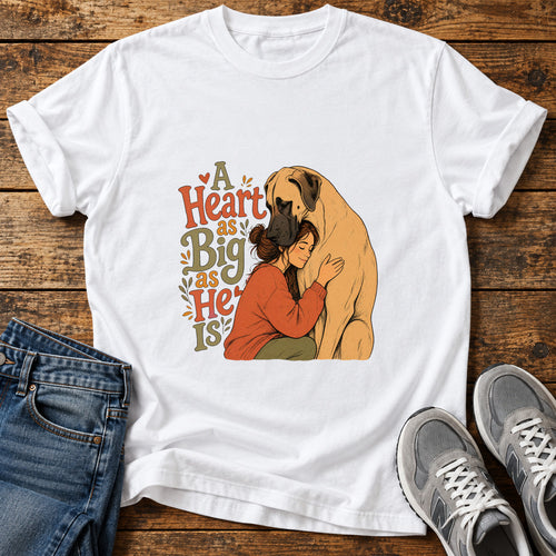 A Heartful Hug Great Dane graphic T-shirt in White, shown on a flat-lay shirt mockup