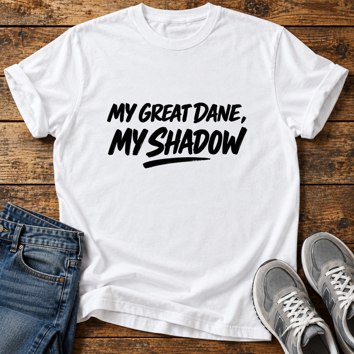Great Dane Shadow graphic T-shirt in White, shown on a flat-lay shirt mockup