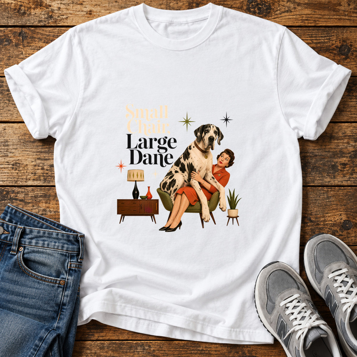 Small Chair Great Dane graphic T-shirt in White, shown on a flat-lay shirt mockup