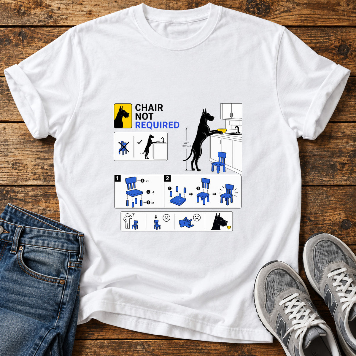 Chair Not Required Great Dane graphic T-shirt in White, shown on a flat-lay shirt mockup