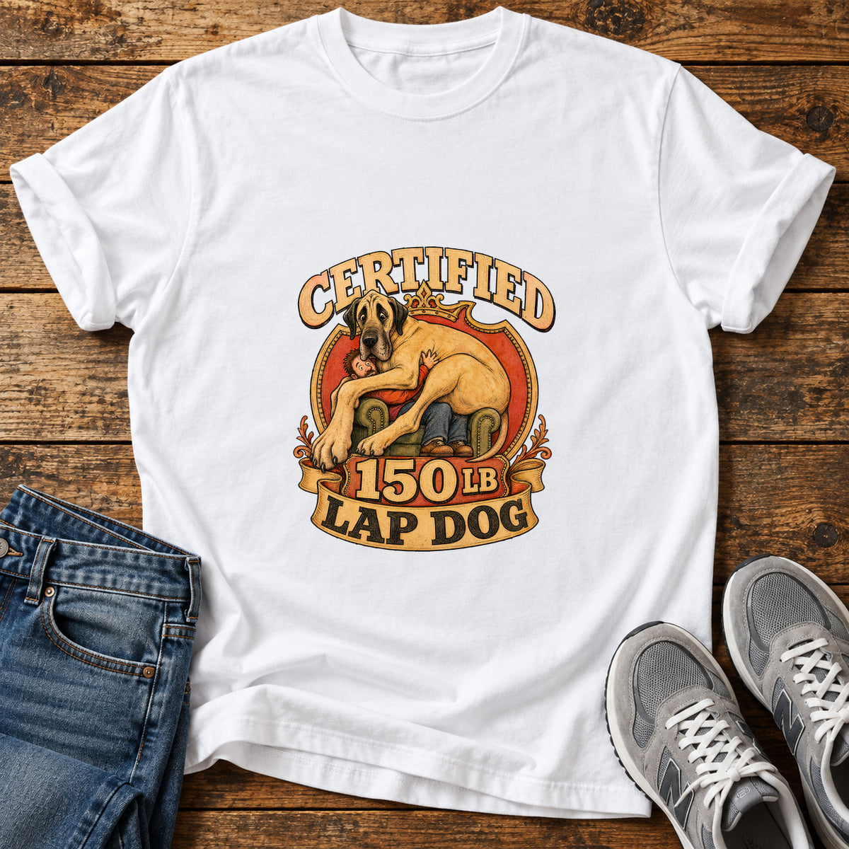 Certified Lap Dog Great Dane graphic T-shirt in White, shown on a flat-lay shirt mockup
